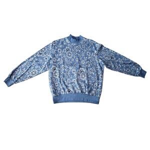 BonWorth Blue Floral Tapestry Mock Collar Long Sleeve Sweater T Shirt